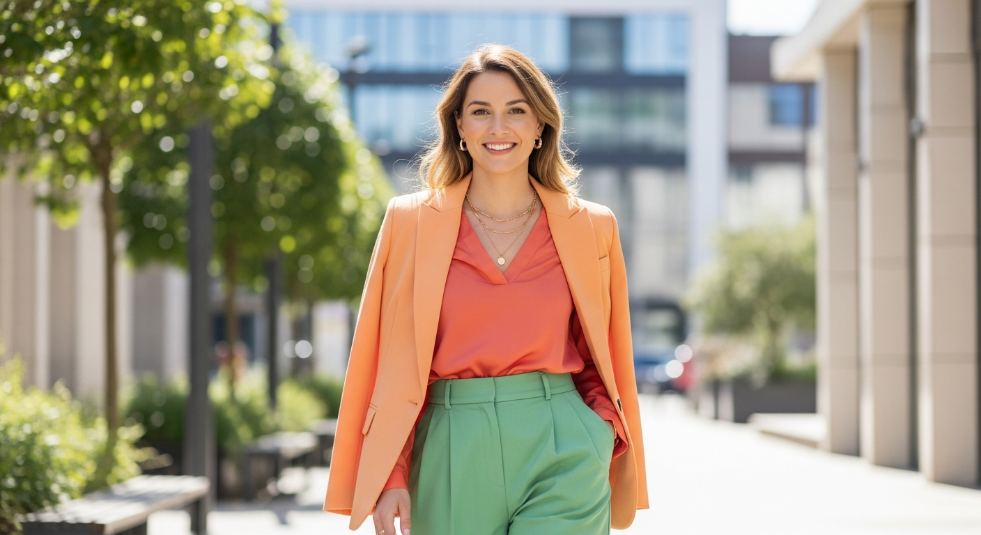 Showcasing a diverse US woman modeling an outfit that perfectly aligns with a 'Spring' palette.