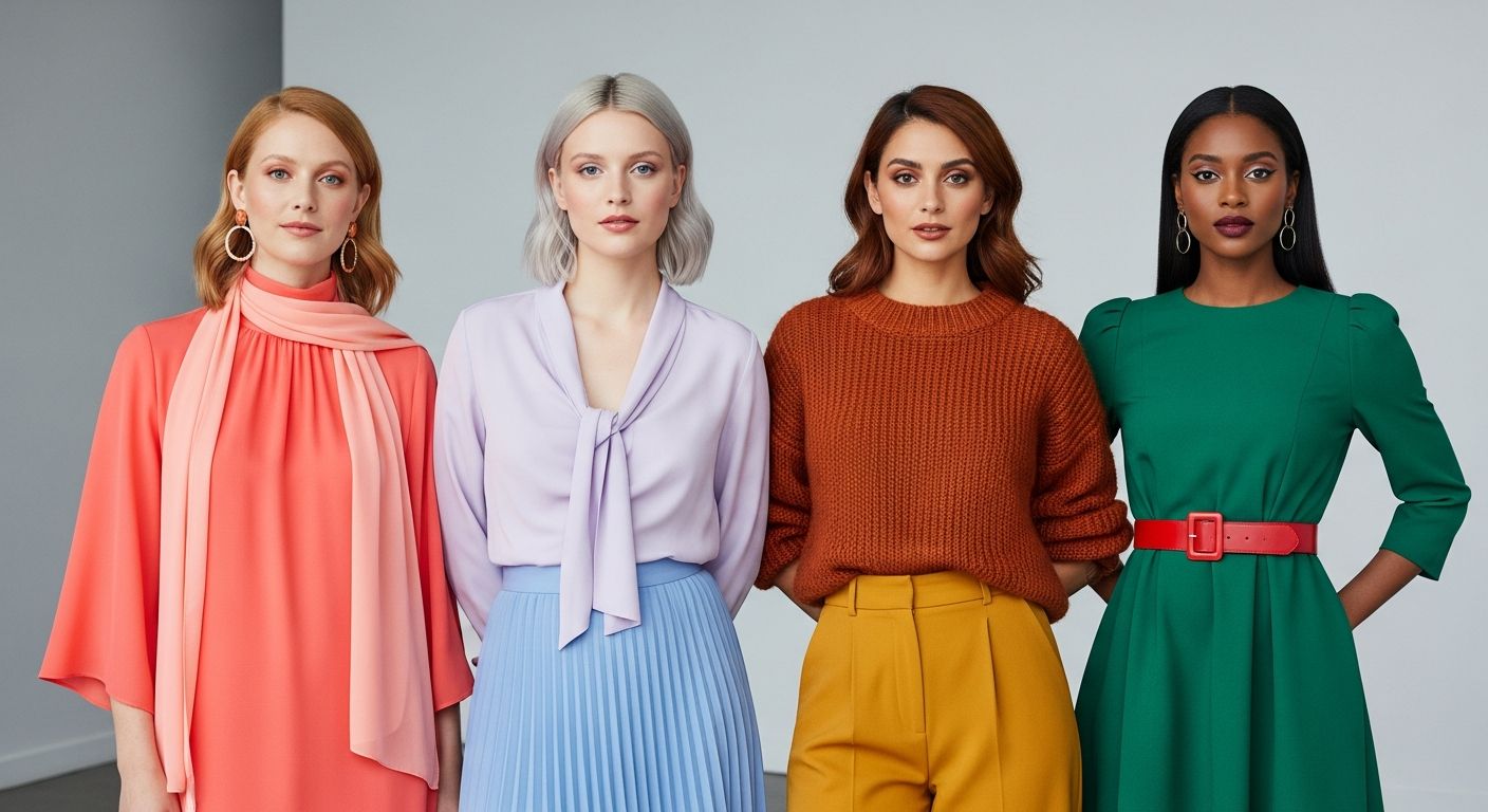 Show four diverse US women side by side, each styled in clothing colors representative of their seas