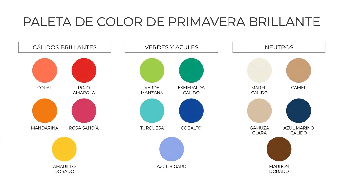 Visual color palette chart showing the full range of bright spring colors organized by category — wa