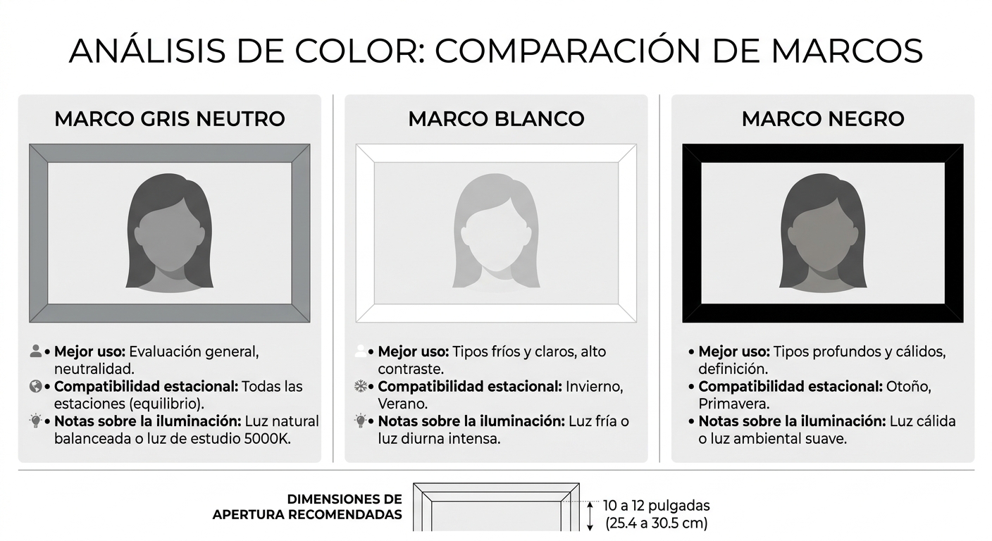 Visual comparison guide of frame border colors (gray, white, black) and key specs like opening size 