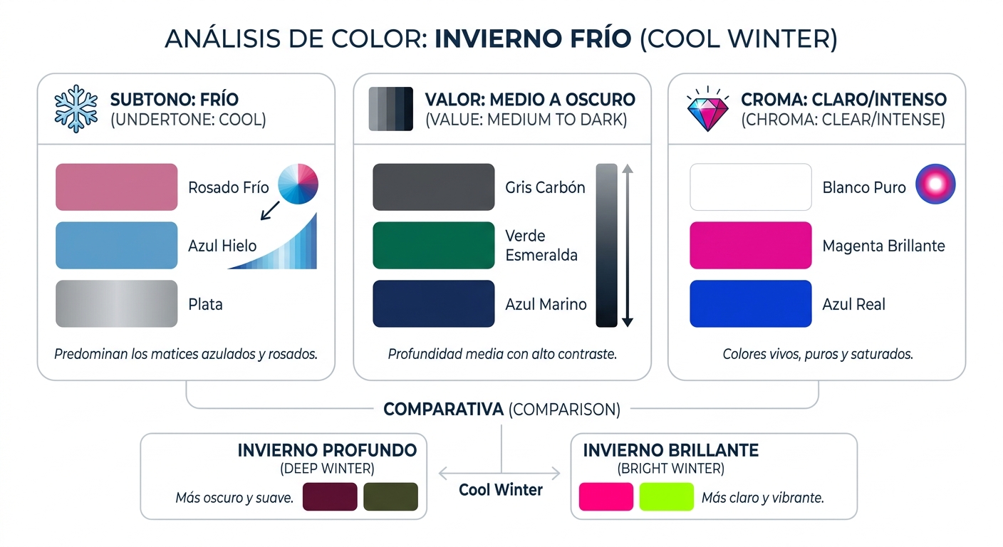 Illustrates the defining characteristics of a Cool Winter (undertone, value, chroma) and visually co