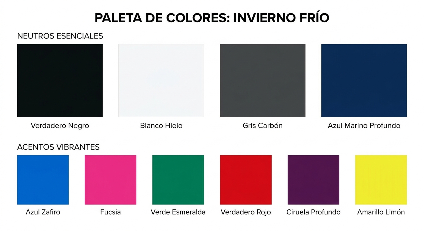 A visual guide to the core Cool Winter palette, displaying neutrals and vibrant accent colors.