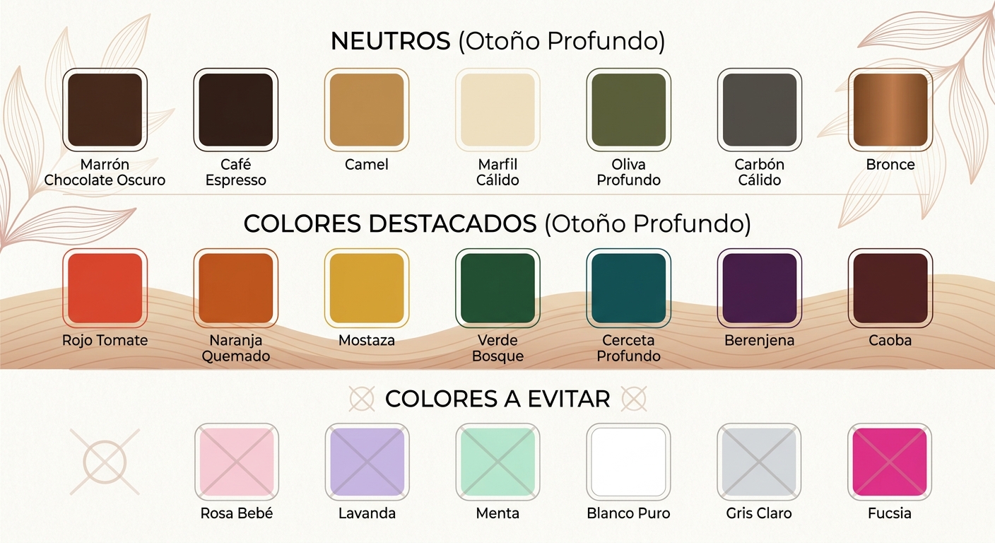 Visual color swatch guide showing the full Deep Autumn palette organized into neutrals, statement co