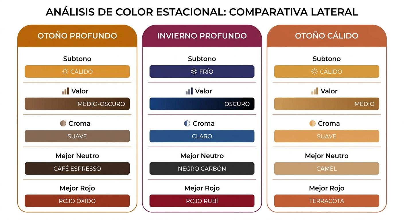 Visual seasonal comparison diagram contrasting Deep Autumn, Deep Winter, and Warm Autumn across key 