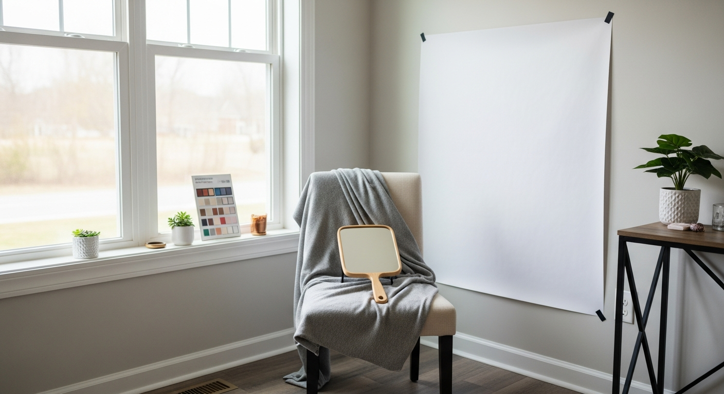 Show the ideal home setup for color analysis — neutral background, natural light, white drape