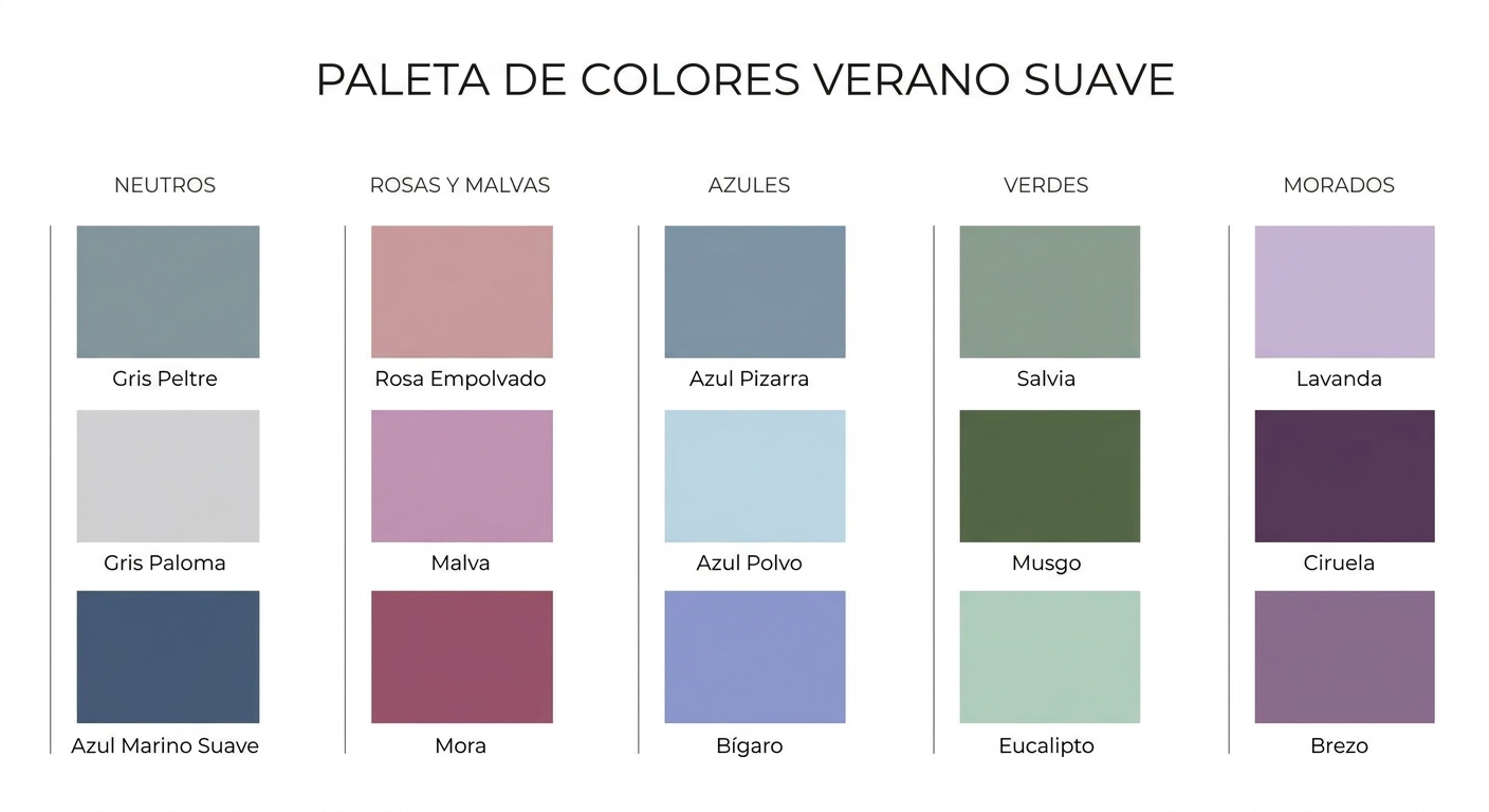 Display the full Soft Summer color palette organized by category so readers can visually reference e