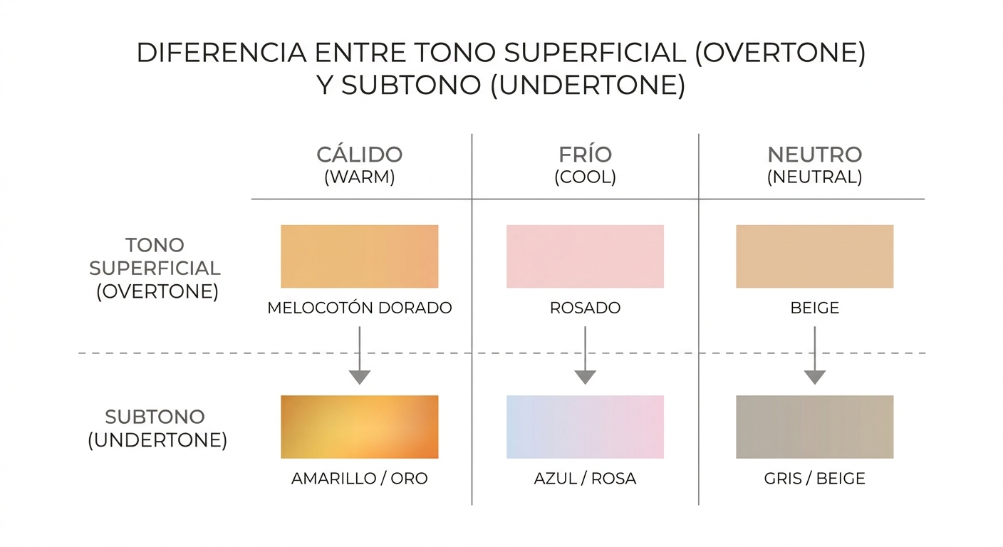 Visual diagram clearly separating overtone vs undertone concepts, showing warm, cool, and neutral ca