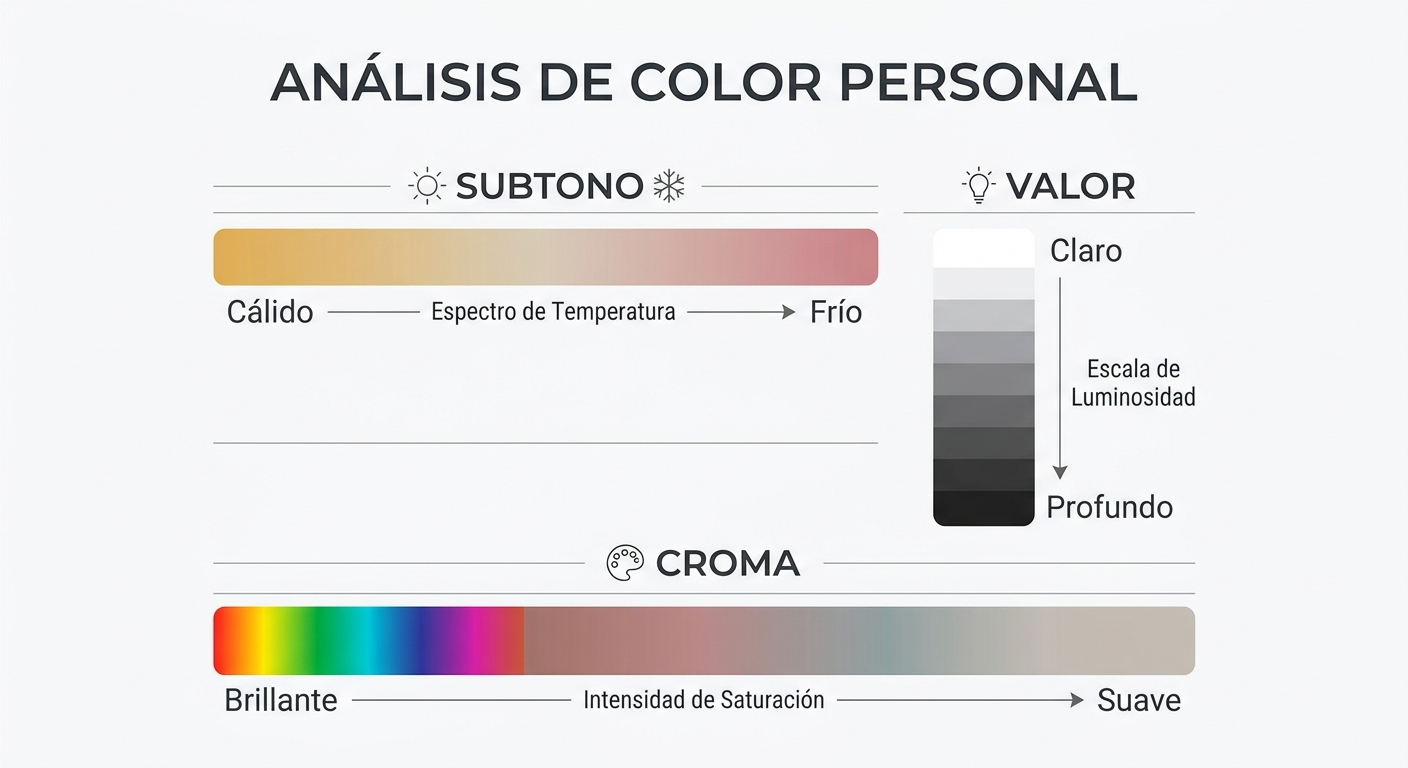 Visual diagram of the three axes of color analysis — undertone, value, and chroma — to make the conc