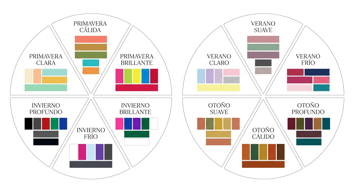 Visual color wheel or grid showing all 12 seasons with their representative palette swatches, making
