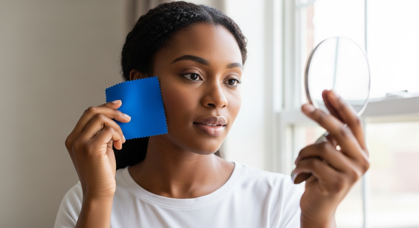 Show a real-life demonstration of the chroma check — a woman testing a saturated color near her face