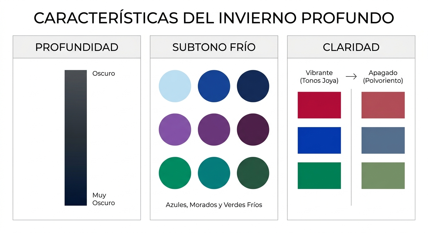 Visually explain the core characteristics of the Deep Winter palette (depth, cool, clear) using colo