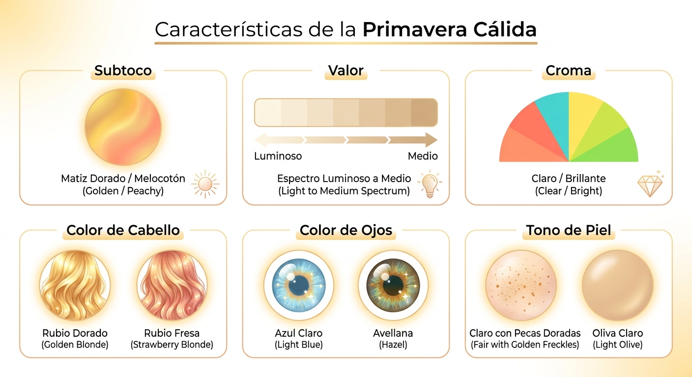 Illustrating the key characteristics of a Warm Spring (undertone, value, chroma, hair, eyes, skin).