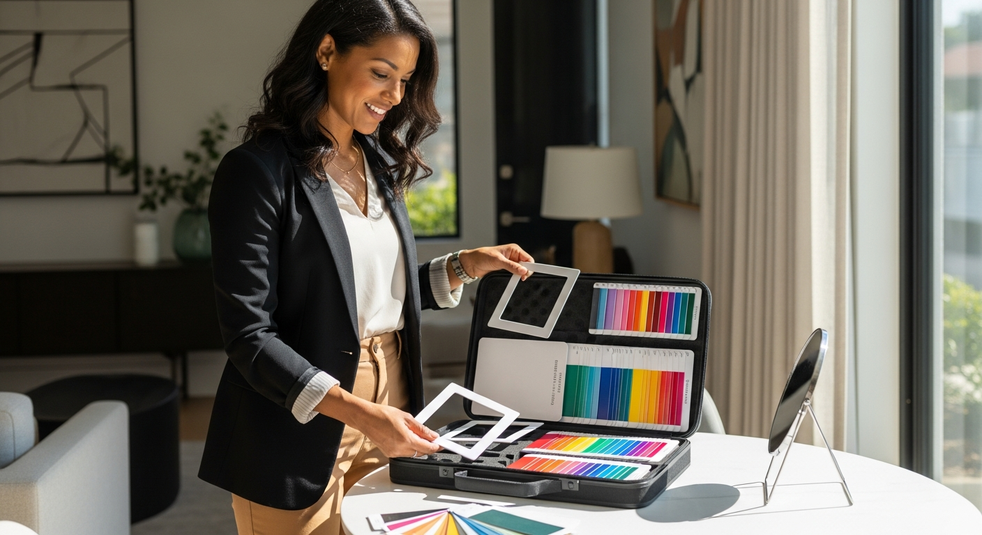 Depicts a mobile color consultant using a compact 35-frame kit.