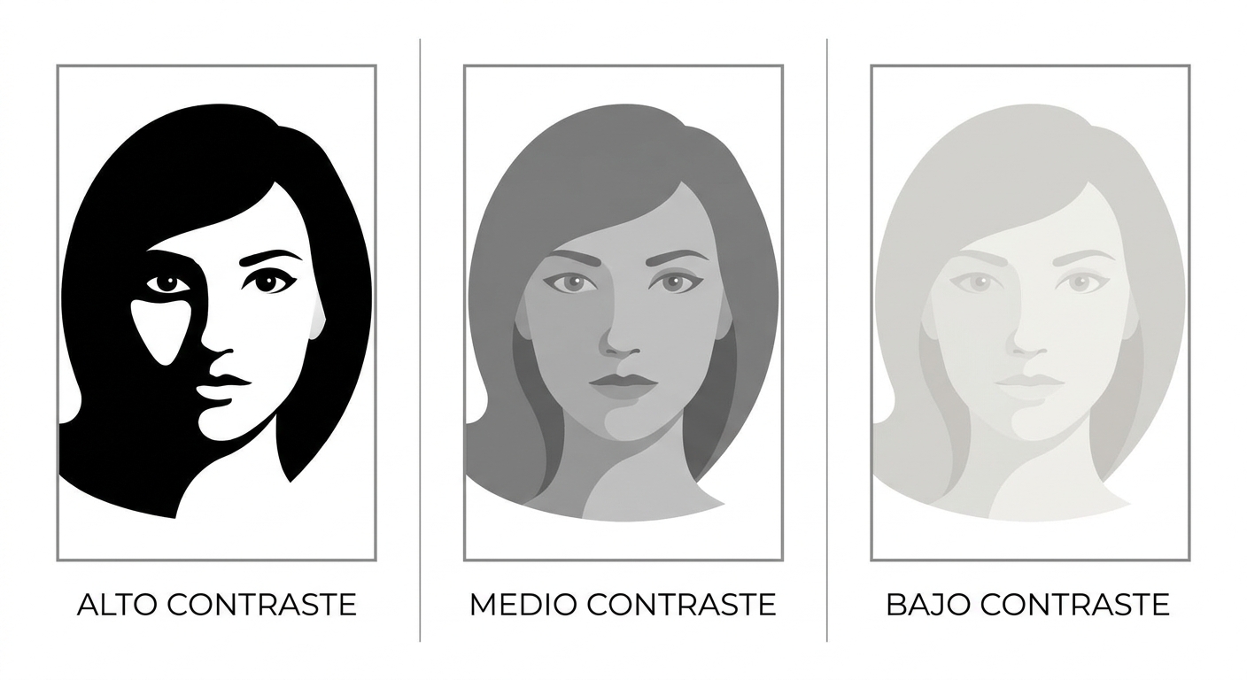 Illustrates high, medium, and low contrast using grayscale examples.