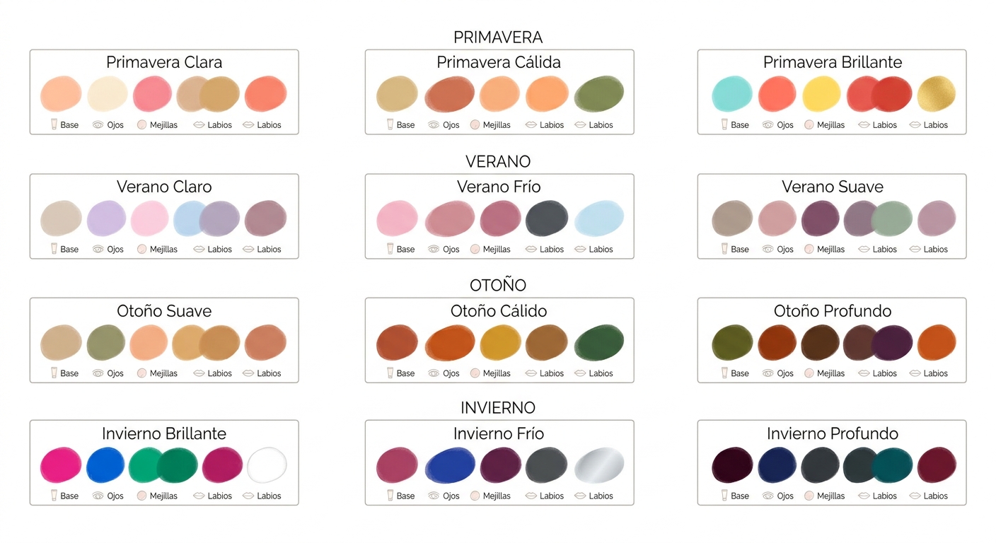 Visualizing the 12 color seasons with representative color palettes for makeup.