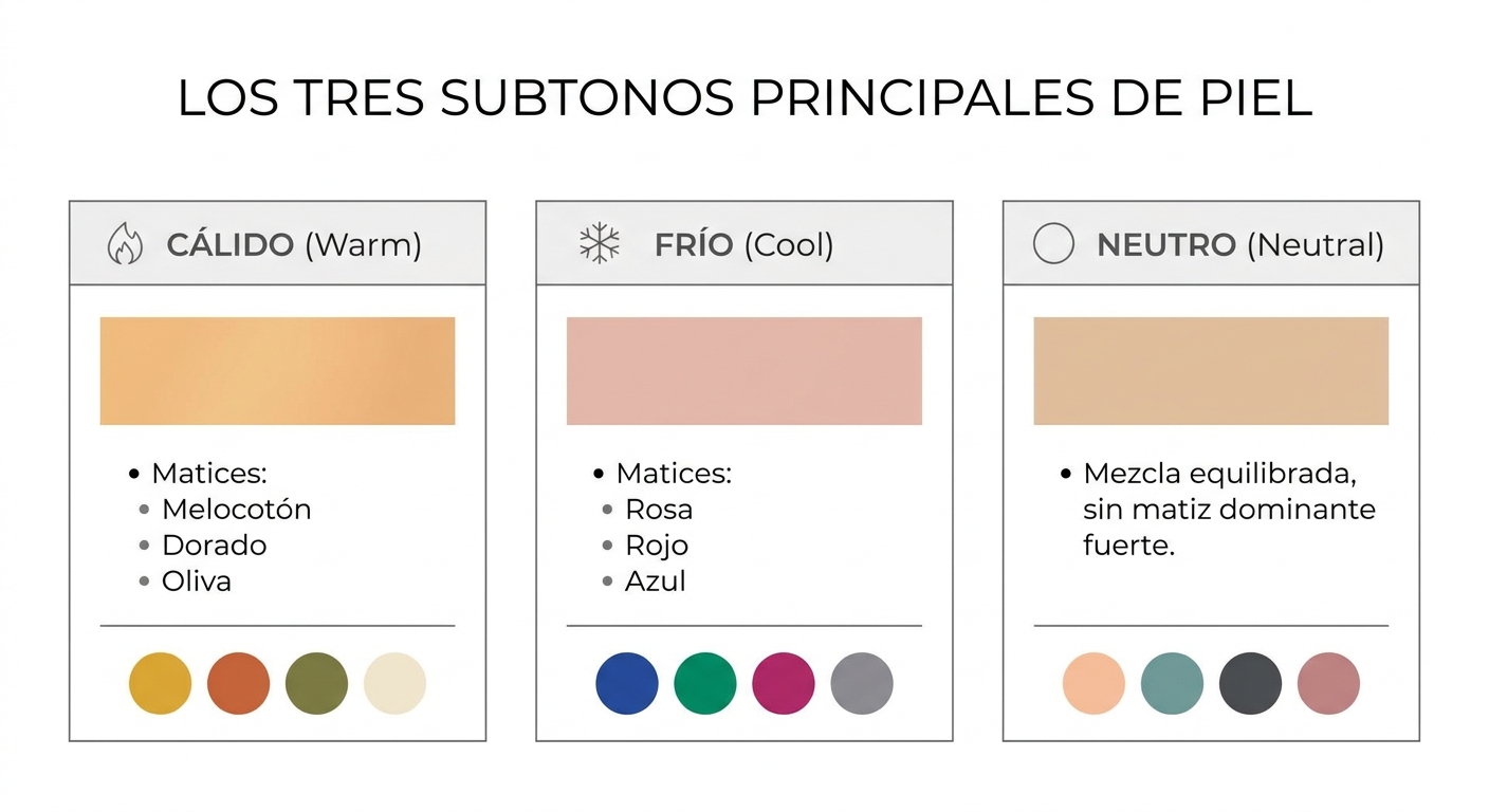 Visually explains the three main undertone categories (warm, cool, neutral) with examples of their c