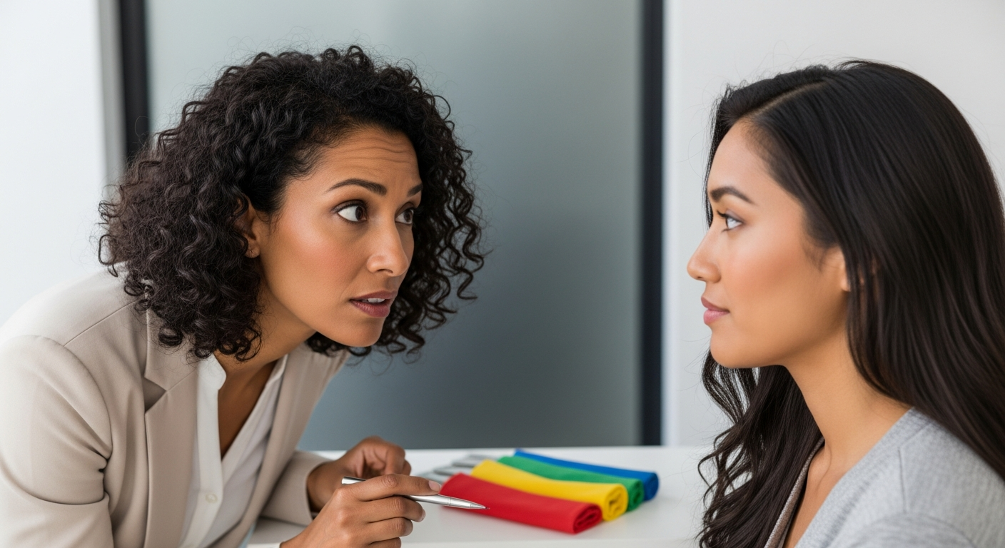 A consultant looking thoughtfully at a client, suggesting a challenge in color analysis.