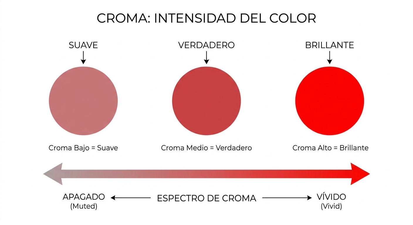Visually explains the concepts of chroma (intensity) as it relates to True, Soft, and Bright colors.